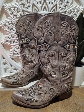 Corral Brown Leather Sequin Cross Embroidered Western Cowboy Boot Womens Size 10
